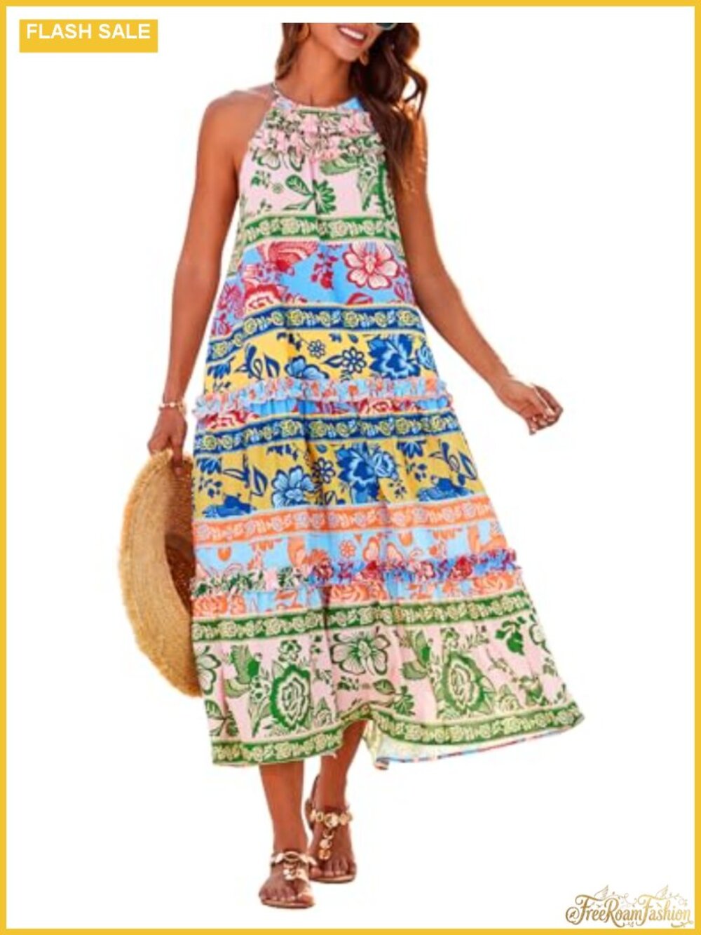 Halter Maxi Dress Floral Tiered Ruffle Boho Summer Beach Sundress